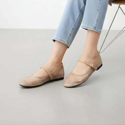 Elegant Beige Textured Mary Jane Flats for Women