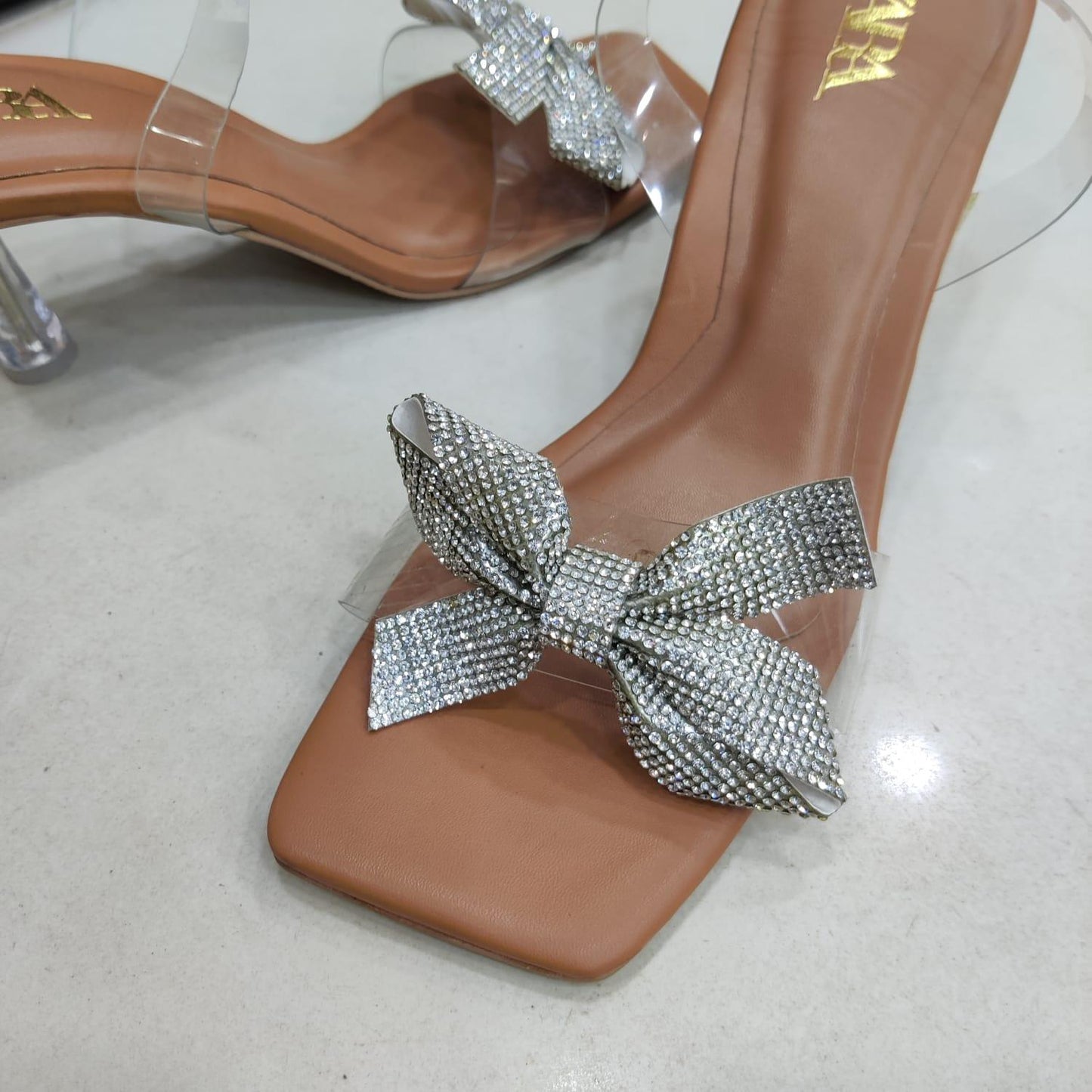 Heel Sandals Transparent Strap Bow Rhinestone.
