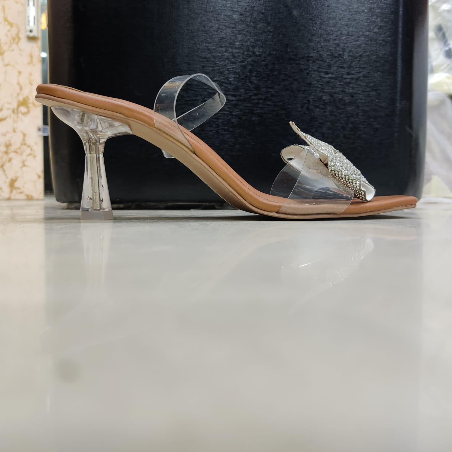 Heel Sandals Transparent Strap Bow Rhinestone.