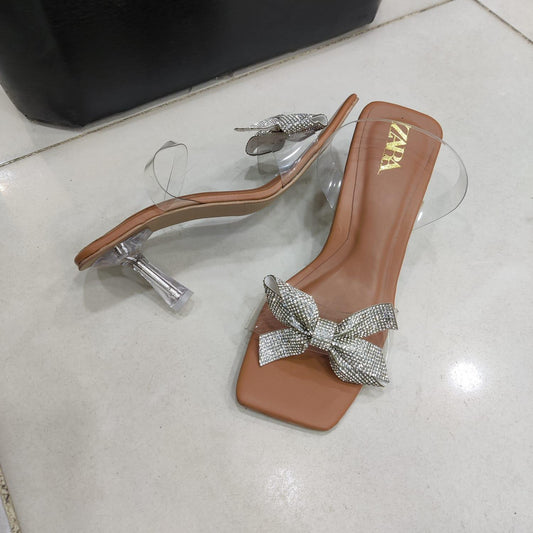Heel Sandals Transparent Strap Bow Rhinestone.
