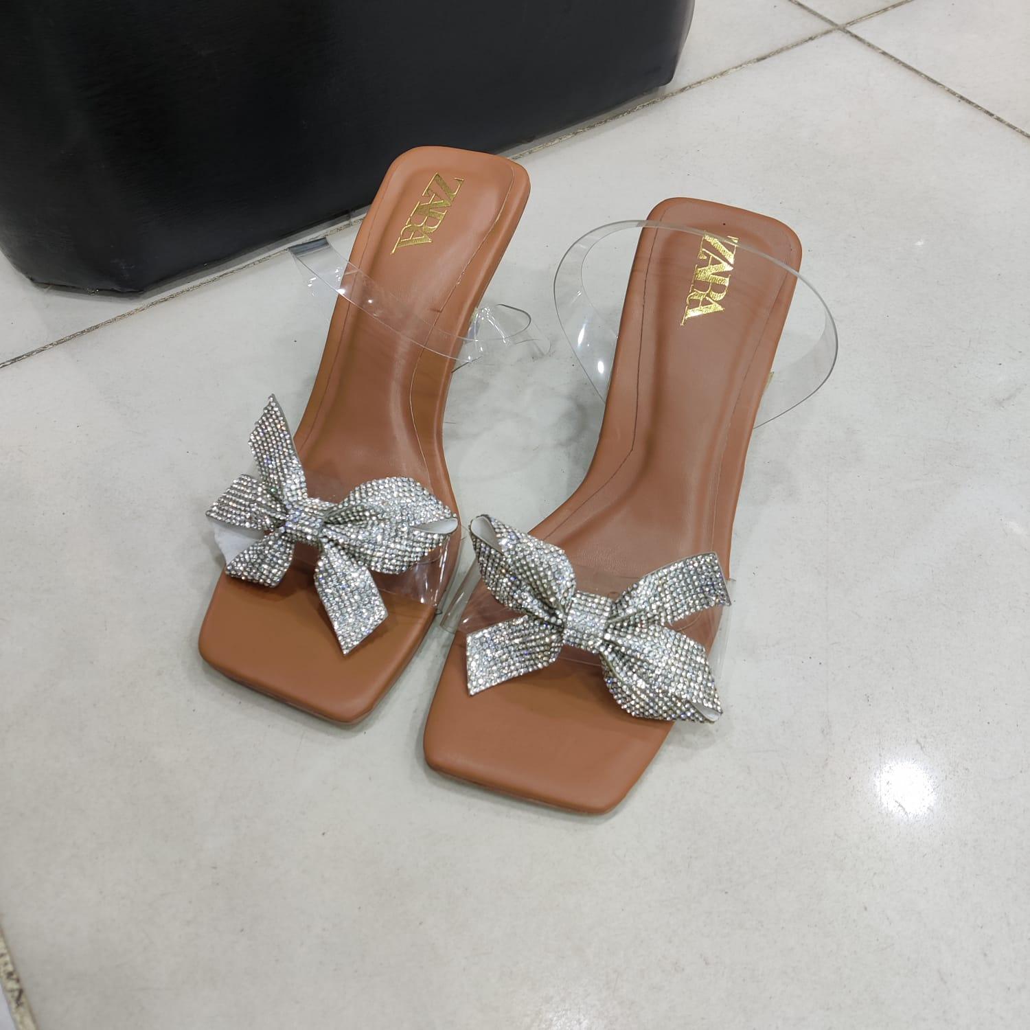 Heel Sandals Transparent Strap Bow Rhinestone.