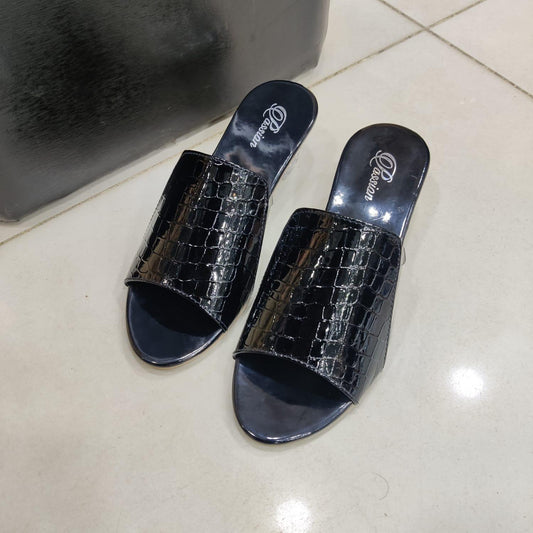 Block Heel Croco Strap Mule Sandal Black.