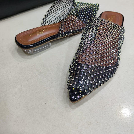Net Alexa Mules With Swarovski Crystals Flat Black.