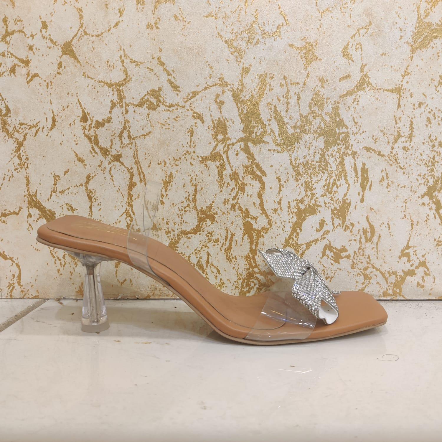 Heel Sandals Transparent Strap Bow Rhinestone.